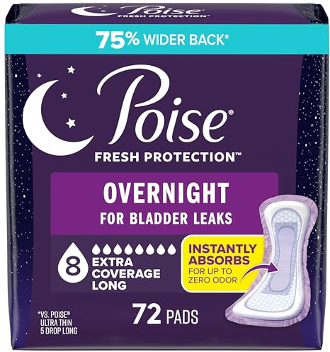 Poise Overnight Incontinence Pads for Women, 8 Drop, 72 ct