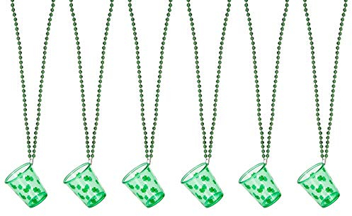 12 x St Patricks Day Shot Glasses – Green Shamrock Shot Glass with Beaded Necklace – Novelty Irish Party Favour for Drinking Games & Celebrations