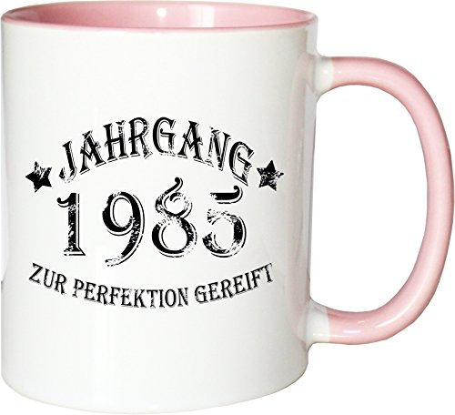 Mister Merchandise Becher Tasse Jahrgang 1985 zur Perfektion gereift Kaffee Kaffeetasse liebevoll Bedruckt Aged to Perfection Geburtsjahr Weiß-Rosa