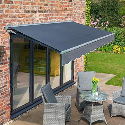 Primrose 3m x 2.5m Electric Half Cassette Garden Charcoal Cassette Awning Complete with Fixings and Winder Handle (Charcoal)