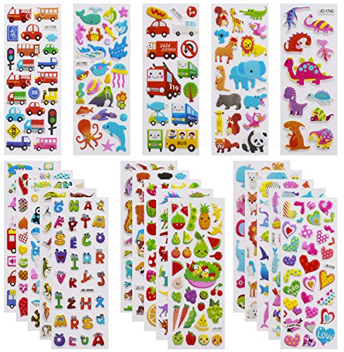 Meafeng 3D Stickers for Kids Toddlers Vivid Puffy Kids Stickers 24 Different Sheets Over 550, Coloured 3D Stickers for Boys Girls Teachers as Reward, Gift, Craft Scrapbooking