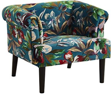 Atlantic Home Collection Charlie Sessel, Armlehnenstuhl mit Massivholzfüßen, Samt, Blumenmuster petrol, 74 x 86x 70