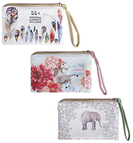 Porte-Monnaie Petit Pochette en Toile de Femmes, Mini Sac Mignonne Motif Impression de Fleurs Portefeuille pour Téléphone, Carte, Cosmétique, Clés, Cadeau pour Fille, 3 Pièces