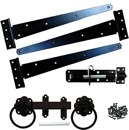 Infinity Decor Epoxy Black 18 (450mm) Tee Hinges (3) with Plain Ring Gate Latch and Brenton Bolt Pack – Wooden Garden Gate Fitting Kit for Barn, Shed Doors
