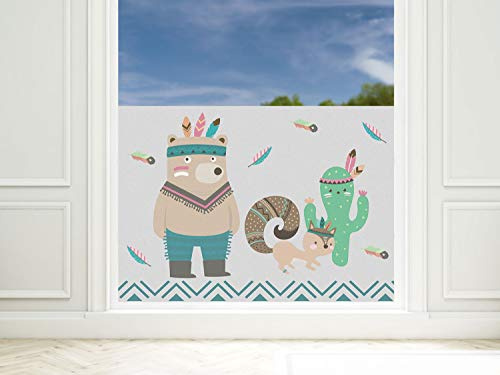 Sichtschutzfolie Kinderzimmer Junge Dinos, Fensterfolie Blickdicht, Milchglasfolie (Indianer Bär, 110x57cm)