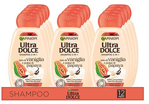 Garnier Multipack Shampoo Ultra Süße Vanille und Papaya-Frucht, Shampoo für langes Haar, 300 ml, 12 Stück