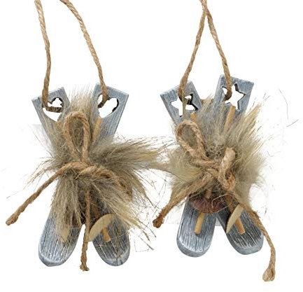 B&B 2 teiliges Set Christbaumschmuck SKI Grau 10cm Skier Kunstharz Nostalgie Baumschmuck Alpen Thema Winter Ski Fahren Chirstbaumdeko Hänger Natur Shabby Chic Alpen