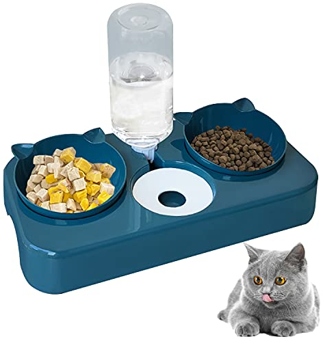 doepeBAE Doppelnapf Katzen, 3 in 1 Automoatsierte Futernapt Wasersepender für Katze Neigbar Katzenpfe Abnehmbar für Kleione und Miteltgro Hunde und Katzen(Blau)