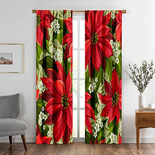 Weihnachts-Fenster-Vorhänge, 2 Paneele, rot, Weihnachtsstern, Blume, viktorianischer Pointsetta, Vorhangstangen, schalldicht, für Wohnzimmer, Heimdekoration, 251 x 213 cm
