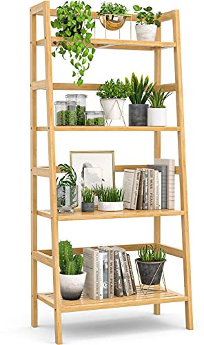 Homykic Estantería de escalera de bambú de 4 niveles, estante de escalera de 49.2 pulgadas, estante de libros independiente para baño, estante de almacenamiento para plantas para espacios pequeños,