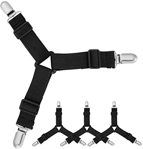 WiMas 4 Stück Dreieck Verstellbare Bettlakenspanner Bügeltischspanner, Verstellbar Betttuchspanner Elastische Lakenspanner Spannbettlakenhalter für die Ecken von Bett, Matratze Sofa (Schwarz)