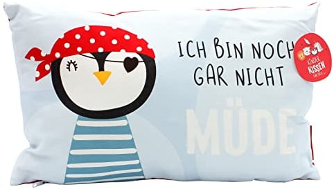Dekohelden24 Kinder-Kuschel Kissen mit Pinguin/Aufschrift - Ich Bin noch gar Nicht müde - L/B/H ca. 40 x 13 x 23 cm, 100% Baumwolle
