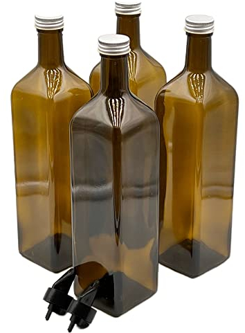Devitre 4er Set Ölflasche 1000 ml mit 2x Aussgießer aus Kunststoff und Etiketten