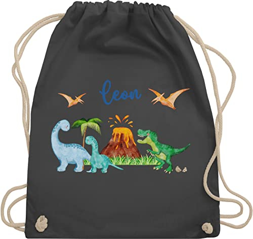 Turnbeutel Rucksack - Geschenk Dinosaurier personalisiert mit Name I Dino I Dinos - Unisize - Dunkelgrau - sportbeutel junge kita beutel für wechselwäsche tier trex stoffbeutel