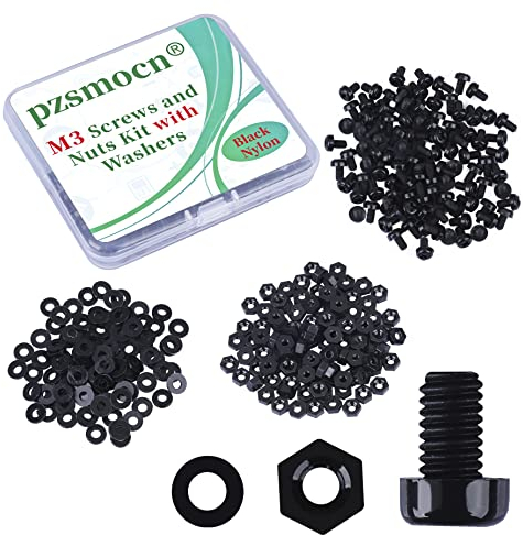 Pzsmocn 300 Stück/100 Sätze M3*5 mm Schwarzes Nylon Kunststoff Kreuzschlitz Rundkopfschrauben-Sechskantmuttern mit Isolierscheibe Standardgröße, für Heimwerker und Elektronische Montage.
