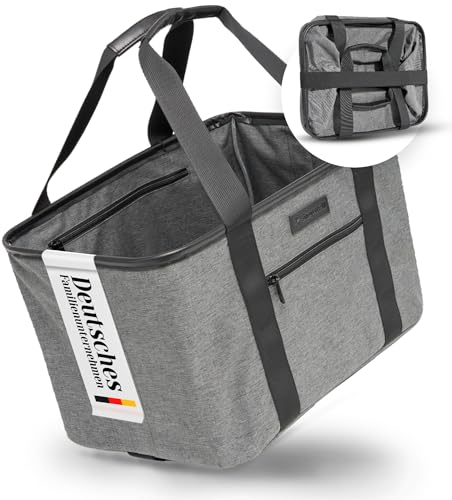 Einkaufskorb faltbar in Premiumqualität | Einkaufstasche mit weichem PU-Ledergriff | idealer Korb zum Einkaufen 30 Liter| stabile & sichere Shopping Bag (grau/schwarz)