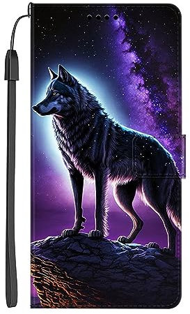 EuoDuo Kompatibel mit Samsung Galaxy A51 Hülle zum Klappen Handyhülle PU Leder Handytasche mit Blume Motiv Magnet Kartenfach Tasche Flip Cover Etui Schutzhülle - Galaxie Wolf