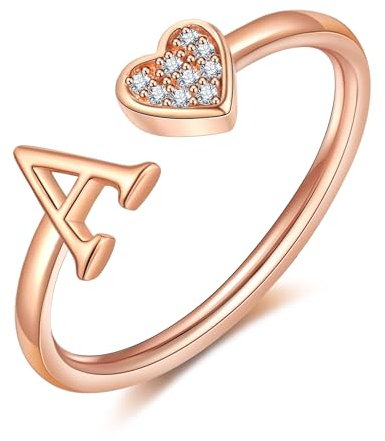 FUNEIA Bague Femme Or Argent Rose Or Coeur Bague avec Initiale Lettres Enfant Fille Plaqué Or Reglable Ajustable A-Z Collier Femme Bague Fiançailles Accessoires Mode Contemporains Boîte Cadeau