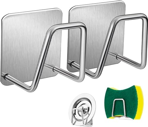 Firavggu 4 Pezzi PortaSpugne Argento per Lavello in Acciaio Inox 304 | Reggispugne Adesivo per Cucina | Supporto Argento per Spugna da Cucina Impermeabile | Accessorio per Lavello da Cucina