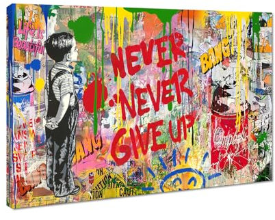 Never Give Up Graffiti-Leinwandkunst, bunte Pop-Art, Poster mit Aufschrift Never Give Up, Straßen-Graffiti, gerahmtes Kunstwerk für Wohnzimmer, Schlafzimmer, Dekor, fertig zum Aufhängen, 61 x 91,4