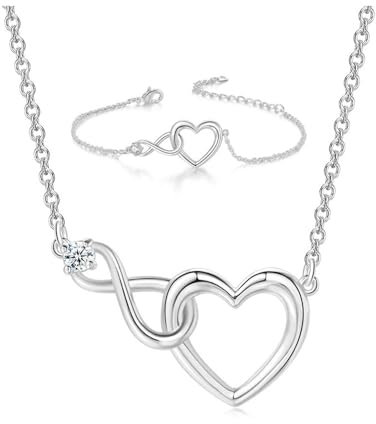 FDEETY Infinity Herz Schmuckset Armband Halskette Damen Schmuck Ewigkeitszeichen Anhänger Kette Elegant Zart Zeitlos