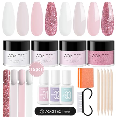 Aokitec 4-in-1 Dip Powder Nail Kit with Glitter & White/Pink Colors - No Nail Lamp Needed - Complete Manicure Starter Set