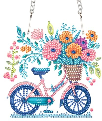 Starnearby DIY Diamond Painting Anhänger Fahrrad und Blumen 5D Diamant Painting Kranz Set mit Kette Einseitig Diamant Malerei Bilder Wandbehang Kits für Fenster Wand Und Eingang Decor