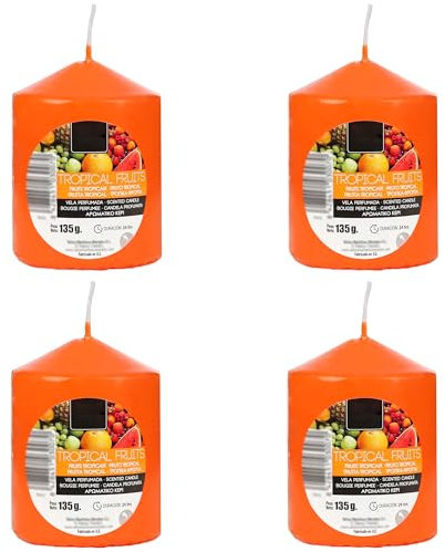 Set de 4 Candele Profumate Frutti Tropicali, Candela Arancia a Colonna Profumada 7x5.7cm, Candela Profumada 24 Ore di Combustione