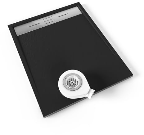 Moments of Glass Plato de ducha SMC Hiemal 100x80 cm, Negro RAL 7021 – Antiderrapante, Textura Pizarra, Antibacteriano, Resistente a agentes químicos – Incluye válvula y rejilla Inox