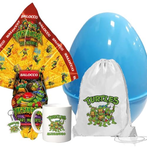 Set Uovo di Pasqua a scelta con guscio apribile e gadget uovo di cioccolato con tazza in ceramica portachiavi e sacca (Tartarughe Ninja)