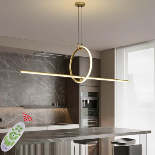LED Pendelleuchten Esstischlampe Hängelampe 46W Dimmbar Mit Fernbedienung Küchenlampe Gold Pendellampe Moderne Ring Designer Kronleuchter für Esszimmer Büro Wohnzimmer Hängend Lampe (Gold, L120CM)