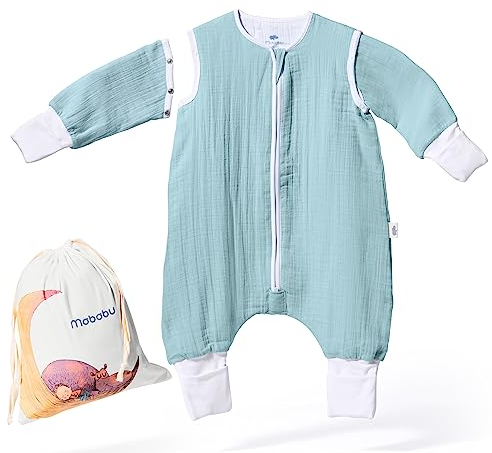 Mababu – Schlafsack mit Füßen 0 5 TOG – Musselin Sommerschlafsack Baby aus 100% GOTS Bio Baumwolle – Umklappbare Bündchen, abnehmbare Ärmel & YKK Reißverschluss – Babyschlafsack Unisex Größen 70-110cm