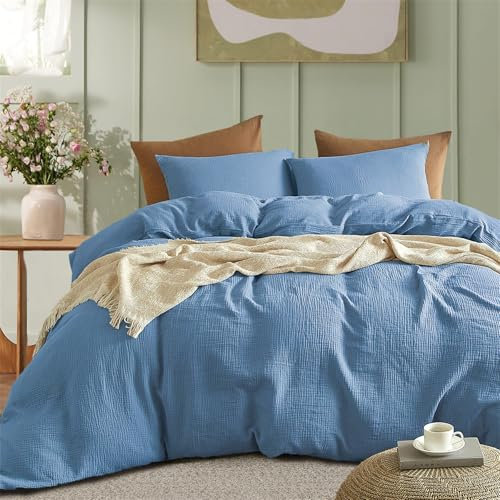 Gezu Doppelte Muslin Bettwäsche 135x200 Marineblau 100% Baumwolle Muslin Bettwäsche-Sets Set Bettbezug mit 1Kissenbezüge 80x80 Sehr Atmungsaktiv Bequem Bettwäsche Einzelbett mit Reißverschluss