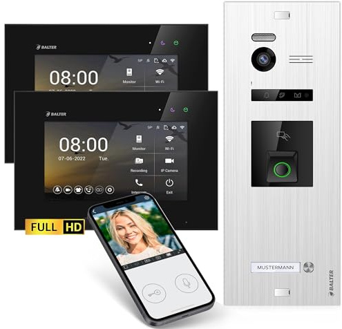 Balter EVO-HD Video Türsprechanlage mit Fingerprint, Video Türklingel, Smartphone App,1 Familienhaus, 2X 7 Zoll Monitore, Türklingel mit Kamera Full HD, 2 Draht Bus, 175° Weitwinkel, RFID,1080P