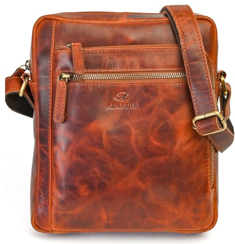 ALMADIH Leder Umhängetasche Herren perfekt für Tablet iPads 12.9 Zoll - LUC braun - Kompakte echte Ledertasche für Arbeit & Alltag Messenger Schultertasche kleine Herrentasche braun