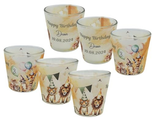 ZauberDeko Windlicht Banderole Safari Geburtstag Löwe Tiger Giraffe Erdmännchen Kinder Party Votivglas Tischdeko PERSONALISIERT 7,5cm Hoch, Menge:6 Stück