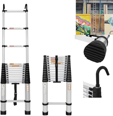 Telescopic Ladder Extendable Ladders,Aluminium Folding Ladder with Detachable Hook,Loft Step Ladder with Safety Buttons&Non-Slip Foot Mats,Frame Ladder for Renovation,Domestic, Engineering(4.4M)