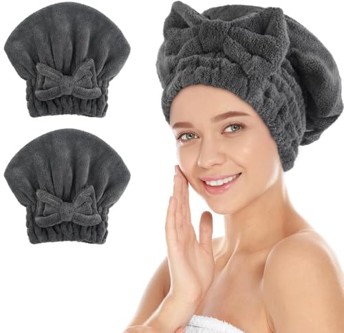 Sunland Large Microfiber Hair Drying Caps, Dark Grey, 11x13.4in, 2 Pack | Bow Knot, Fast Drying Shower Cap, Soft and Absorbent, Hair Turban Bath Caps, For Curly Thick and Wet Hair