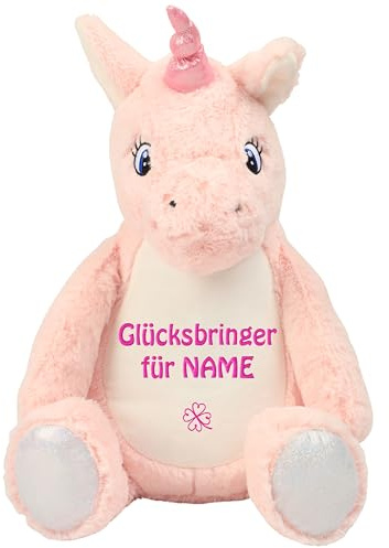 Schnoschi Kuscheltier mit Namen oder Initialen Bestickt, personalisiertes Stofftier, individuelles Schmusetier mit Wunschnamen (Einhorn)