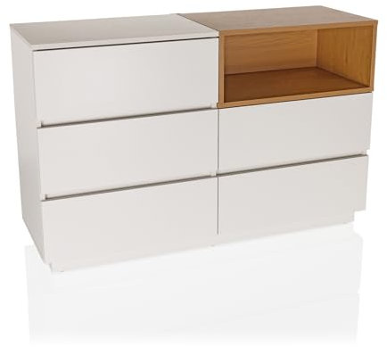 hjh LIVING Sideboard mit 5 Schubladen 120x40x76 cm MELMO S Schubladenkommode im skandinavischen Stil, griffloses Design, Weiß/Eiche