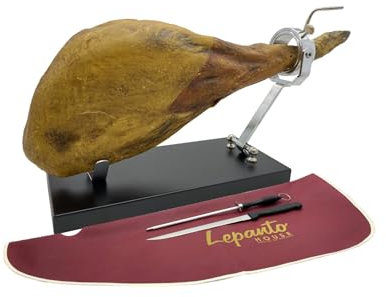 FERRETERIA LEPANTO Jamonero Giratorio Plegable, Soporte jamonero Plegable con Base de Madera Color Negro para Jamones y Paletillas (Set Burdeos)