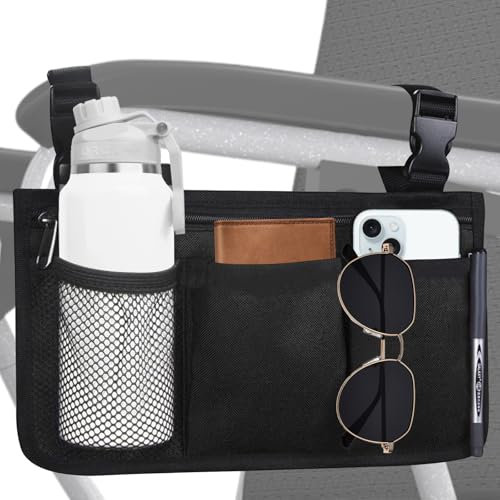 Wheelchair Side Bag, Wheelchair Side Storage Bag w/Cup Holder, Wheelchair Armrest Accessories Pouch with Pen Slot and Reflective Strips for Power Wheelchairs, Walkers, Rollators, Seniors (Black)