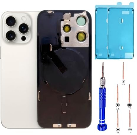 15 Pro Back Glass Replacement Kit with Plate & Flex Cable and All Parts White Titanium 6.1'' for iPhone 15Pro Back Cover Glass with Repair Tools (White Titanium)
