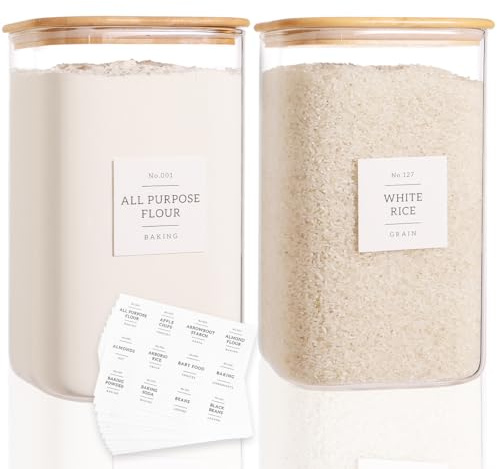 Quadratische Glasbehälter für Mehl- und Zucker, mit 132 Etiketten für die Küche, Speisekammer, dick, 4,5 l, mit luftdichtem Bambusdeckel, große Lebensmittelbehälter für Reis, Nudeln, Kekse, 2 Stück