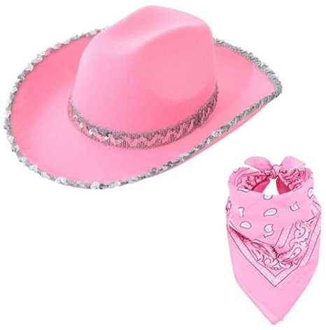 TOLASTO Damen Cowgirl-Hut in Knallrosa mit Pailletten + Knallrosa Bandana: Western-Kostümzubehör für Mottopartys, Junggesellinnenabschied & Damenfeste – Festival Accessoires für Erwachsene