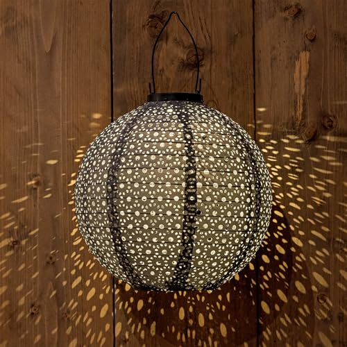 LED Solar Textil Lampion rund grau - 25 cm - Garten Deko Beleuchtung warm weiß - Solarleuchte Laterne Leuchtkugel Dekoleuchte Partylicht für Außen wetterfest