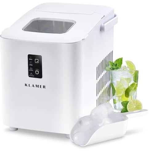 KLAMER Eiswürfelmaschine klein (2025), 8 Eiswürfel in 8 Minuten, 11 kg Eiswürfel pro Tag, 2 Eiswürfelgrößen, 1 L Wassertank, Geräuscharmer Eiswürfelbereiter mit Eisschaufel und Tragegriff