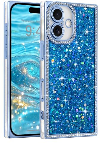 LAPOPNUT Glitter Phone Case for iPhone 16 Plus,TPU Bling Rhinestones,Blue | Sparkly Bling Sequin, Crystal Diamonds Camera Protection, Rasied Rectangle Protective Shockproof Cover,Cute for Women Girls
