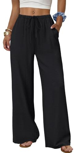 Cuptacc Pantalon Fluide Femme Été Taille Élastique Décontracté Pantalons Lin de Loisirs avec Poches à Jambes Larges
