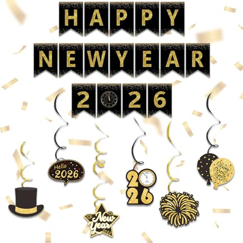 Happy New Year Girlande 2026 Set – Premium Girlande Silvester Set in Schwarz Gold | Silvester Deko 2026 Party Set für Wohnzimmer, Büro & Events | Happy New Year Decoration & Silvesterdeko Banner